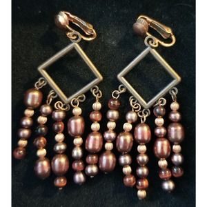 Vintage Solid Copper Beaded Dangle Clip-on Earrings